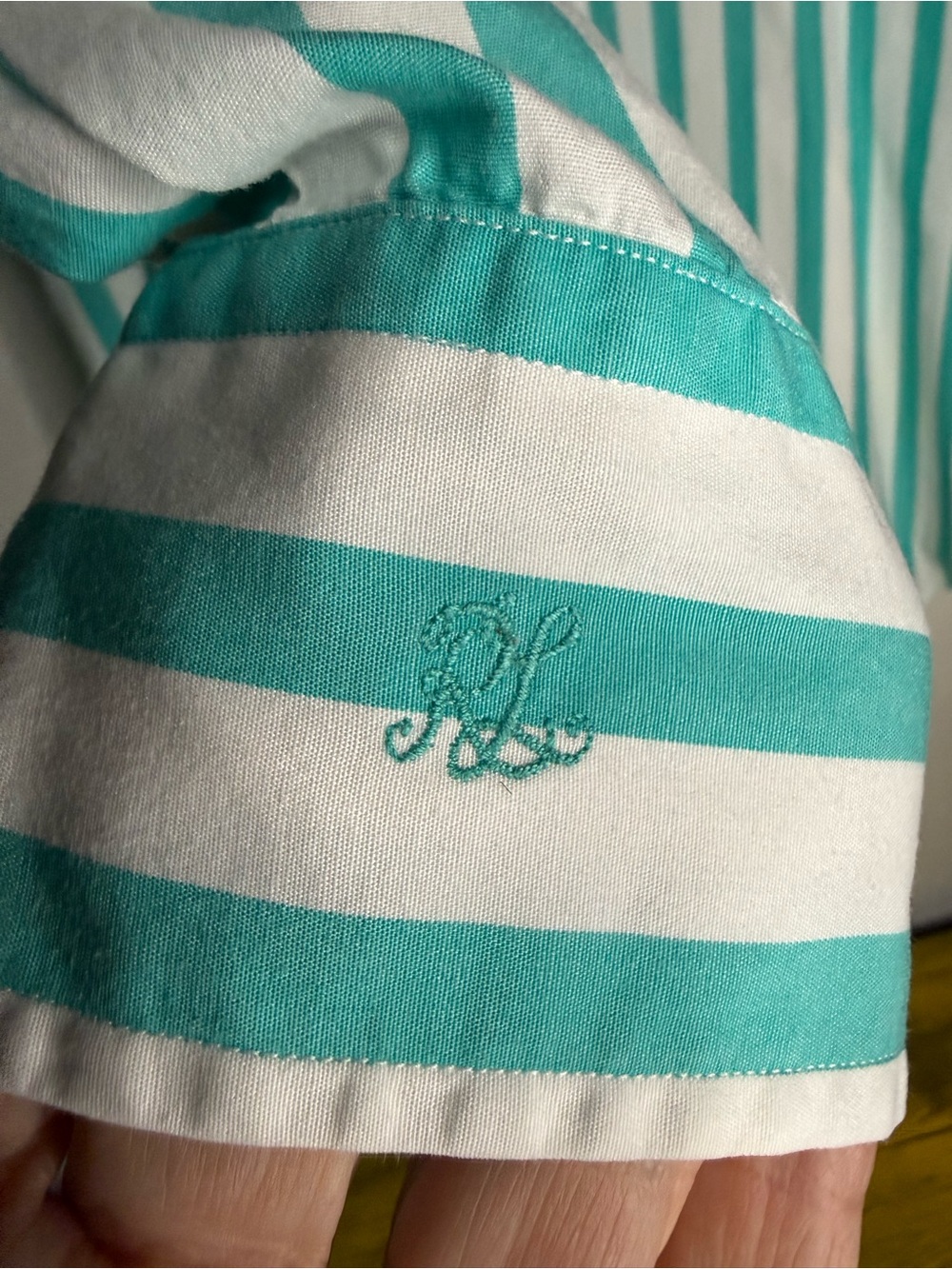 Ralph Lauren Button-Up Shirt Turquoise White Striped Long Sleeve Women’s Size 8 - Picture 5 of 9